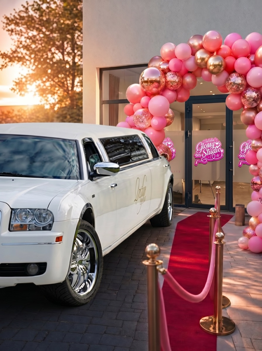 Limuzină albă și arcadă de baloane pentru petrecerea Royal VIP